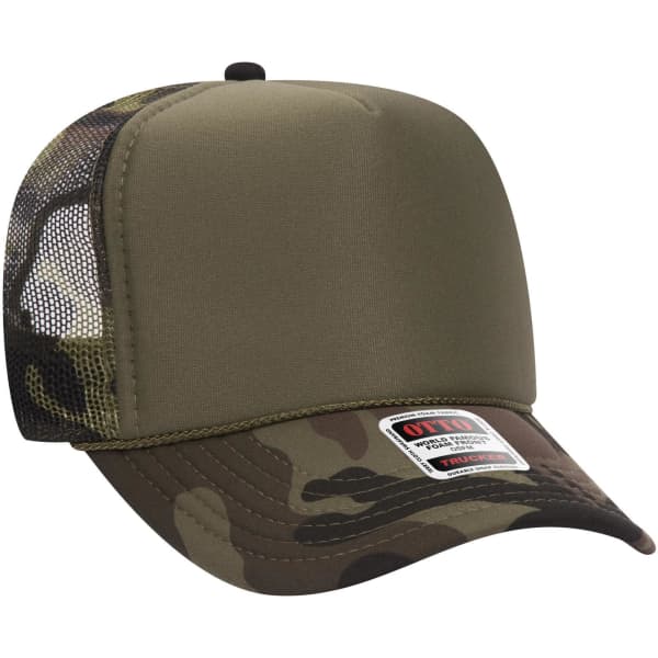 A camo-patterned 5 panel high crown trucker cap with a mesh back and a logo on the front.