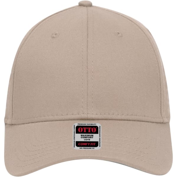 A beige low profile baseball cap with a six-panel design and a logo badge on the front.
