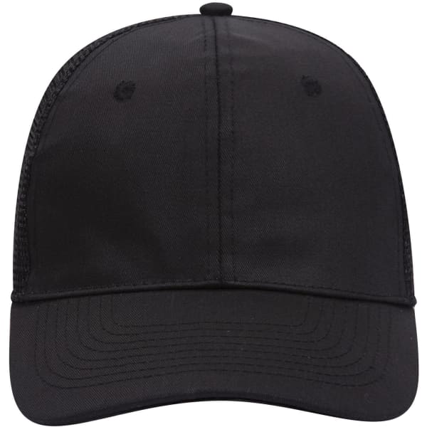 A black 6 panel mid profile trucker cap with a mesh back and a curved brim, featuring a logo.
