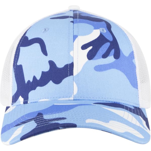 A blue camouflage low profile trucker cap with a white mesh back and a curved brim.