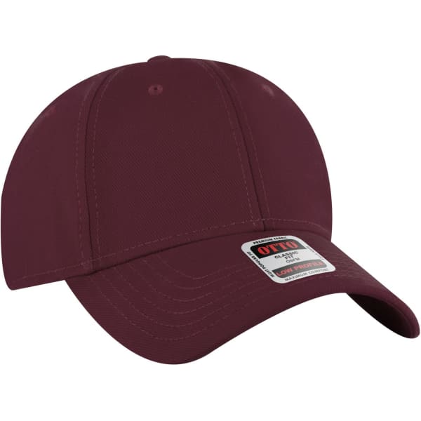 A maroon 6-panel low profile baseball cap with a logo on the front.