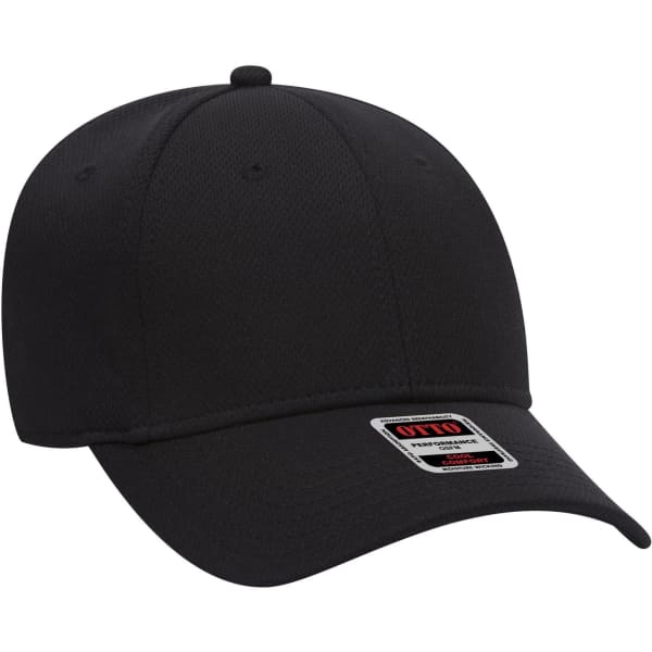 A black 6 panel low profile baseball cap with a logo on the front.