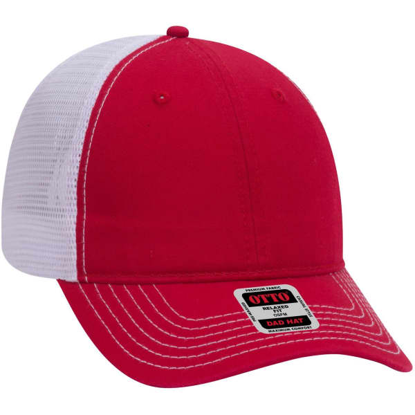A red and white 6 panel low profile trucker dad cap with a logo on the front and mesh back.