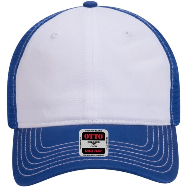 A blue and white 6 panel low profile trucker dad cap with a logo on the front.