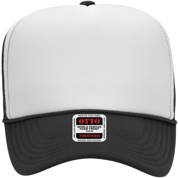 A 5 panel high crown trucker cap featuring a white front and a black mesh back, with a logo on the front.