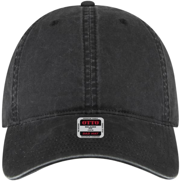 A black 6-panel low profile dad cap featuring an adjustable curved visor and a logo on the front.