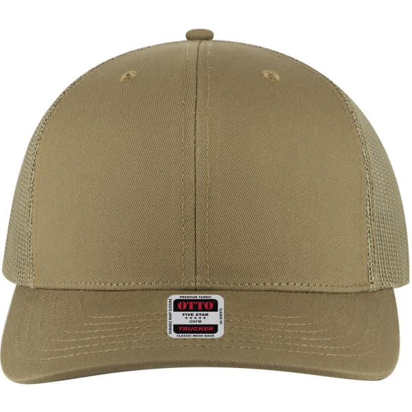 A mid-profile trucker cap in a khaki colour with a mesh back and a logo on the front.