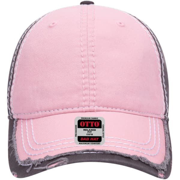 A pink and grey 6-panel low profile dad cap with visible stitching and a logo on the front.
