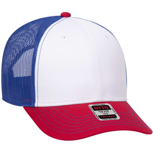 A 6 panel low profile trucker cap featuring a red brim, white front, and blue mesh back, with a logo present.