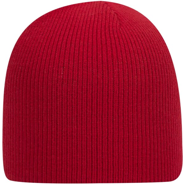 A red knitted beanie with a classic ribbed design and no visible logos.