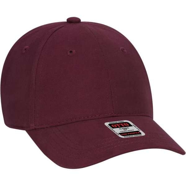 A maroon 6 panel low profile baseball cap with ventilation holes and a brand label on the front.