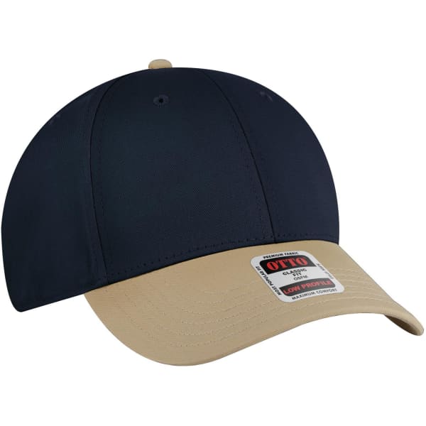 A low-profile baseball cap featuring a navy blue crown and a beige brim, complete with a branding label.