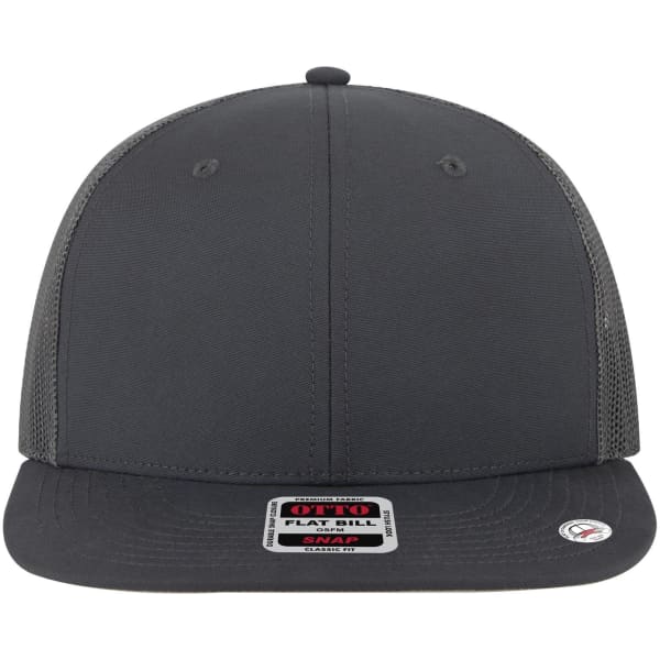 A grey six-panel mid-profile trucker cap with a flat bill and a logo on the front.