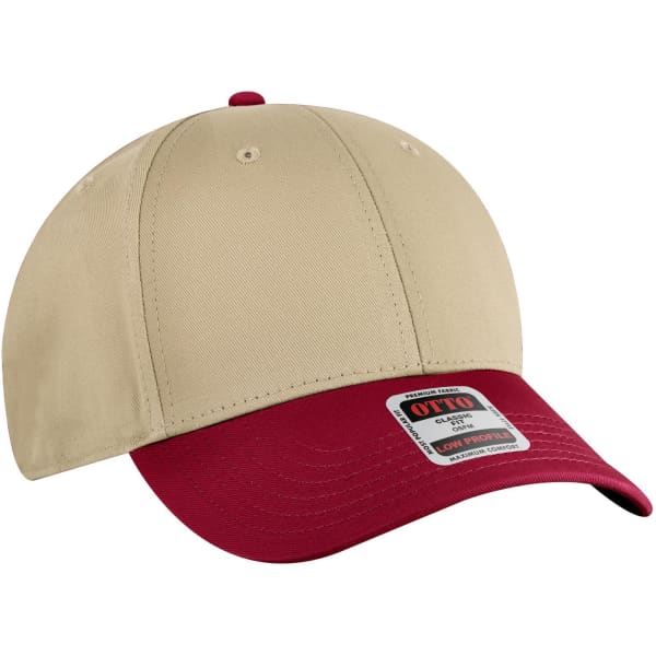 A low profile baseball cap featuring a beige crown and a maroon visor, with a logo on the front.