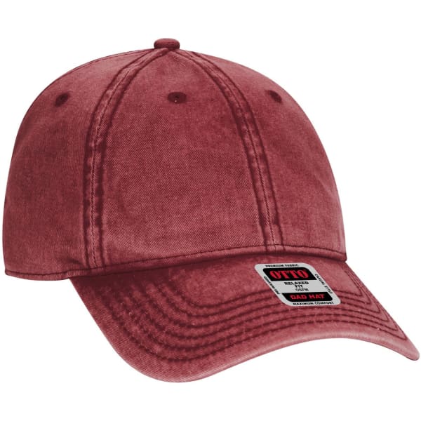 A maroon 6 Panel Low Profile Dad Cap featuring a logo on the front and a curved brim.