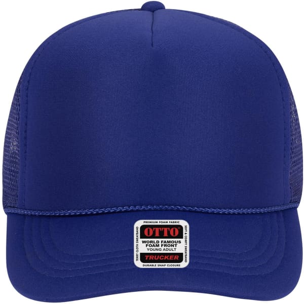 A blue 5 panel high crown trucker cap with a mesh back and a label on the front.
