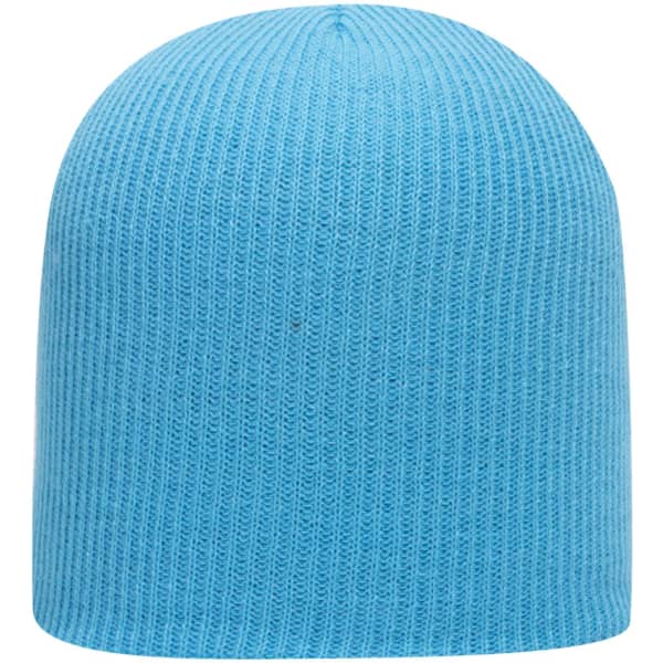 A blue premium rib knit beanie with a snug fit and textured pattern, featuring a logo on the interior.