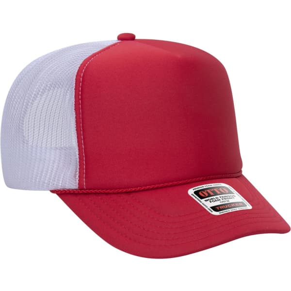 A red 5 panel high crown trucker cap with a white mesh back and a small logo on the front.