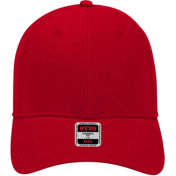 A red 6-panel low profile baseball cap with a flexible fit and a logo on the front.