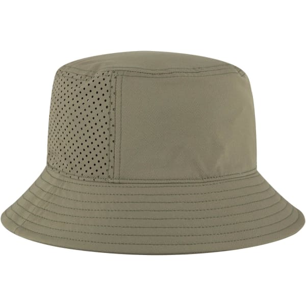 An olive green bucket hat with a textured panel and mesh details. Plain design with a wide brim.