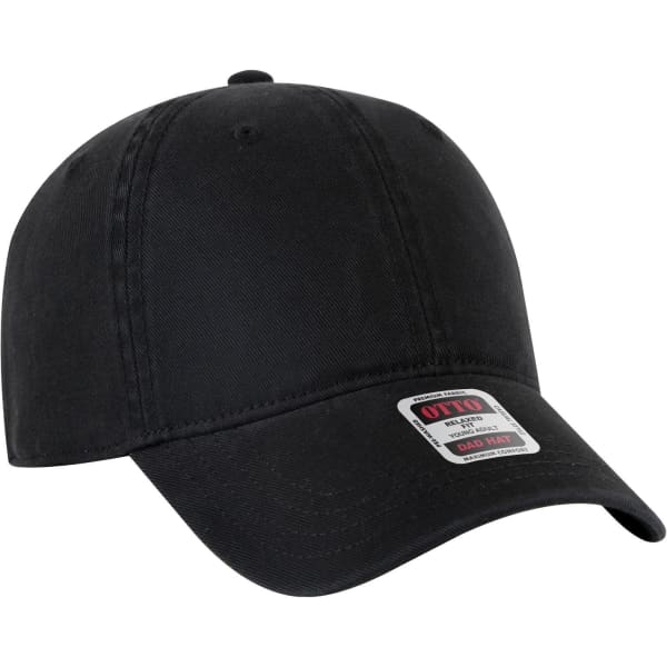 A black 6 panel low profile dad cap with a logo. Suitable for casual wear or outdoor activities.