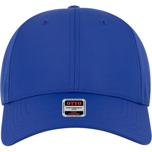 A blue 6 panel low profile style baseball cap with a logo on the front.