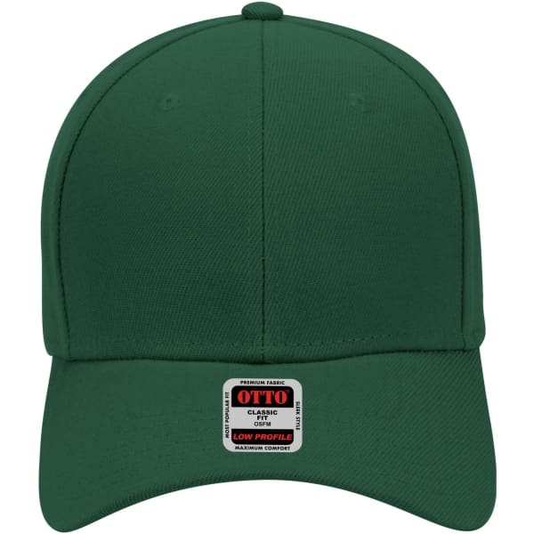 A green 6 panel low profile baseball cap with a logo on the front.