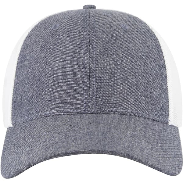 A grey and white six-panel low profile baseball cap with a curved brim and a logo on the front.
