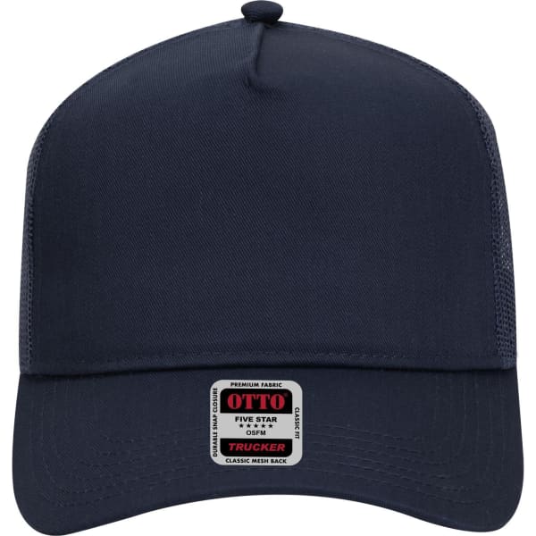 A navy blue 5 panel mid profile trucker cap featuring a mesh back and a branded label on the front.