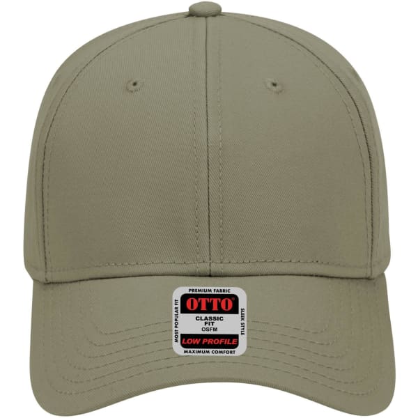 A low profile baseball cap in a khaki colour with a front panel and a branding label.