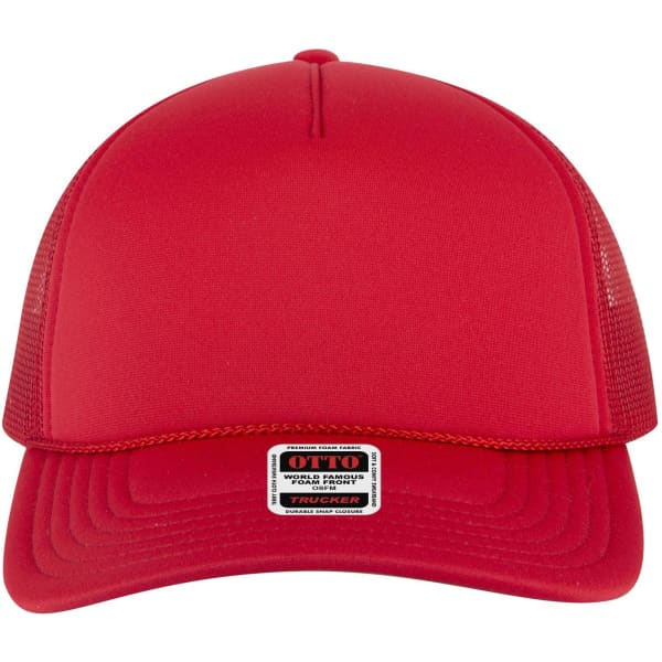 A red 5 panel low profile trucker cap featuring a mesh back and a front panel with a logo.