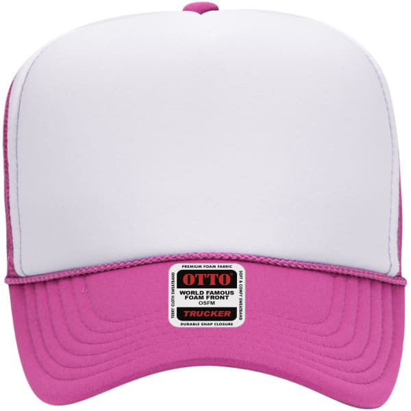 A 5 Panel High Crown Trucker Cap in pink with a white front panel and a logo on the underside of the brim.