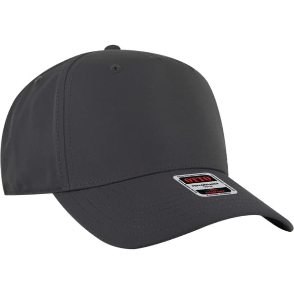 A grey 5 panel mid profile style baseball cap featuring a branded label.