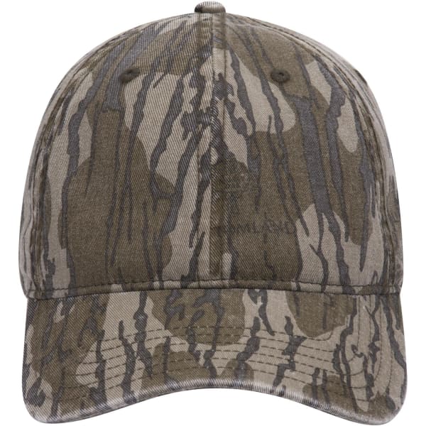 A camouflage 6 panel low profile baseball cap in earthy tones with a logo on the front.