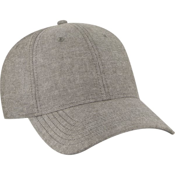A grey 6 panel low profile baseball cap with a logo, featuring a rounded crown and a curved peak.