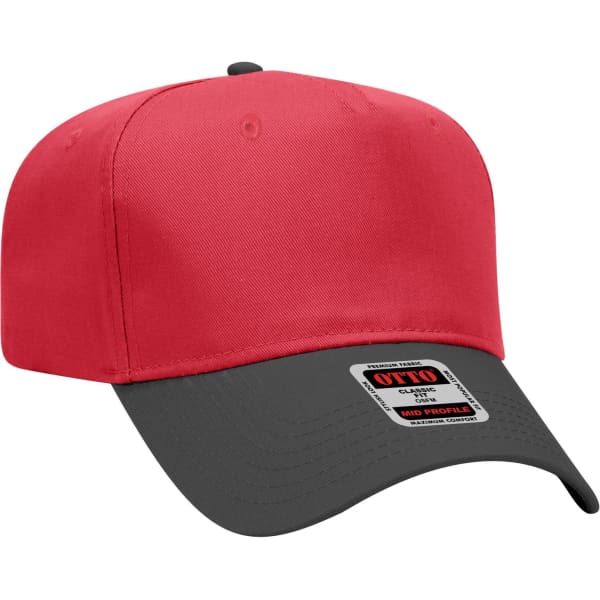 A red and grey 5 Panel Mid Crown Baseball Cap featuring a branded label.