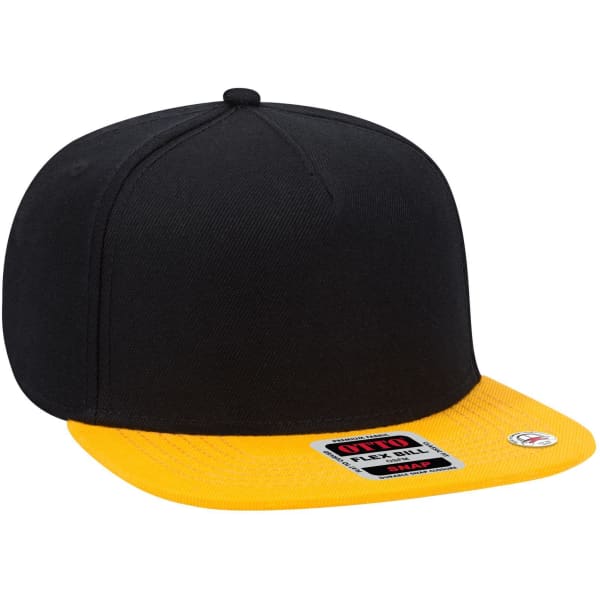 A black snapback cap with a yellow brim, featuring a branding logo on the front.