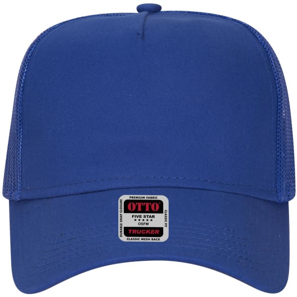 A blue 5 panel low profile trucker cap with a mesh back and a logo on the front.
