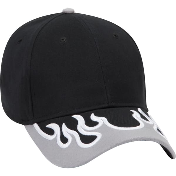 A black low profile baseball cap with a grey brim featuring flame embroidery design and a logo on the front.