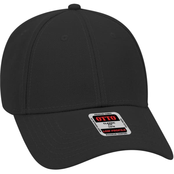 A black low profile baseball cap with a fitted design and a logo on the side.