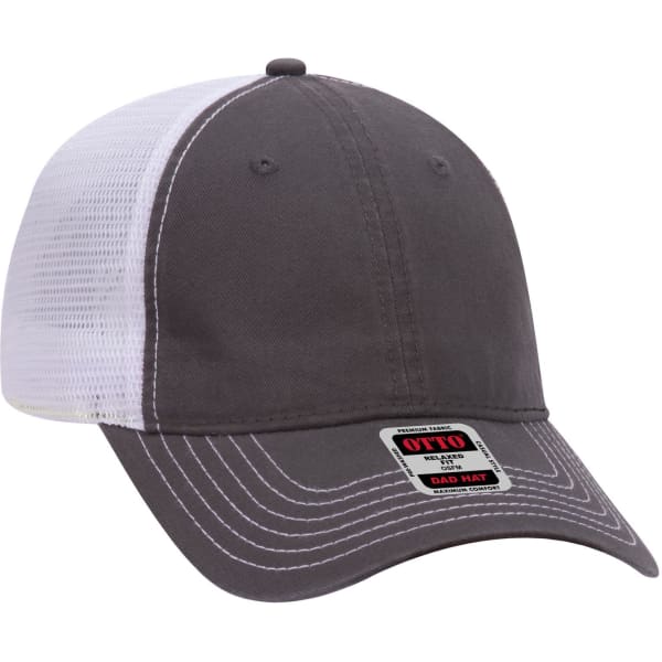A grey and white 6 panel low profile trucker dad cap with a mesh back and a logo on the front.