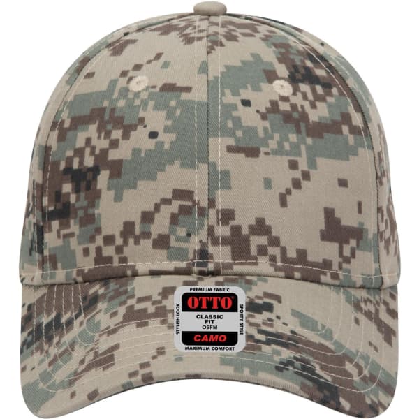 A camo six-panel low-profile baseball cap featuring a pixelated grey and green camouflage pattern and a logo.