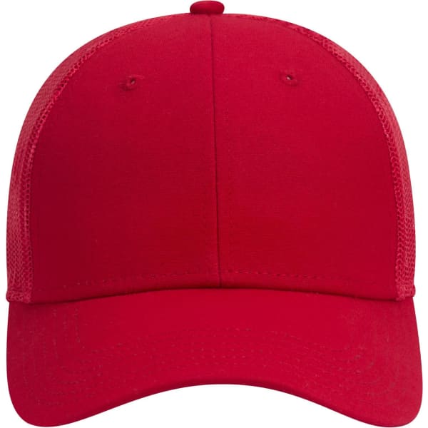 A red 6 panel low profile trucker cap featuring mesh panels and a plain front.
