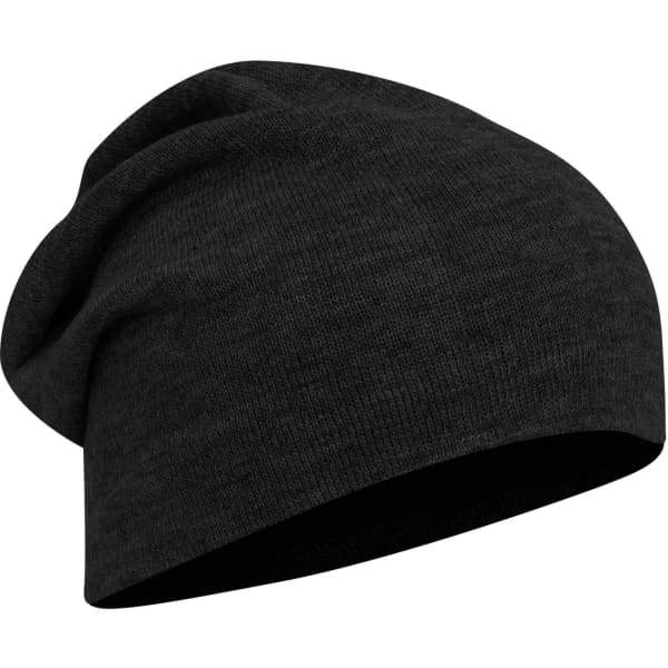 A black comfort slouch beanie with a relaxed fit and soft texture. It features a logo on the side.
