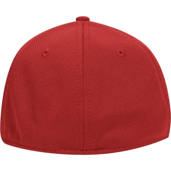 A red 6 panel low profile baseball cap featuring a breathable mesh design and a smooth finish at the back.