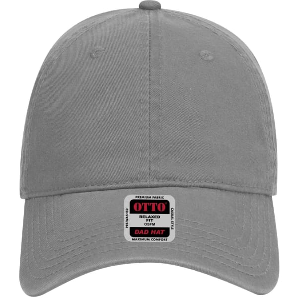 A grey 6-panel low profile dad cap with a logo on the front, featuring a relaxed fit and premium fabric.