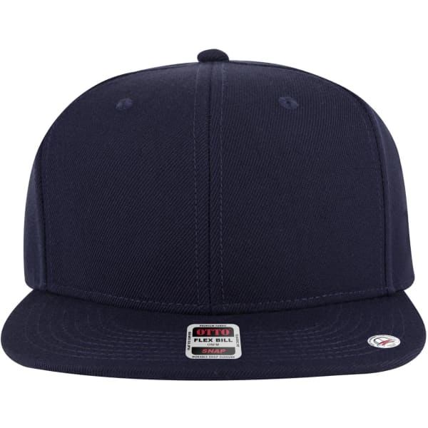 A navy blue 6 panel mid-profile snapback cap with a flat brim and a logo on the front.