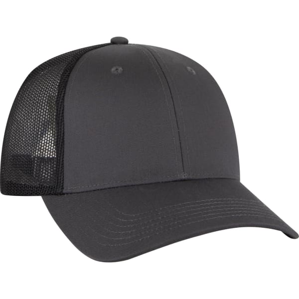 A low profile trucker cap in black with mesh sides and a structured crown. Features a logo on the front.