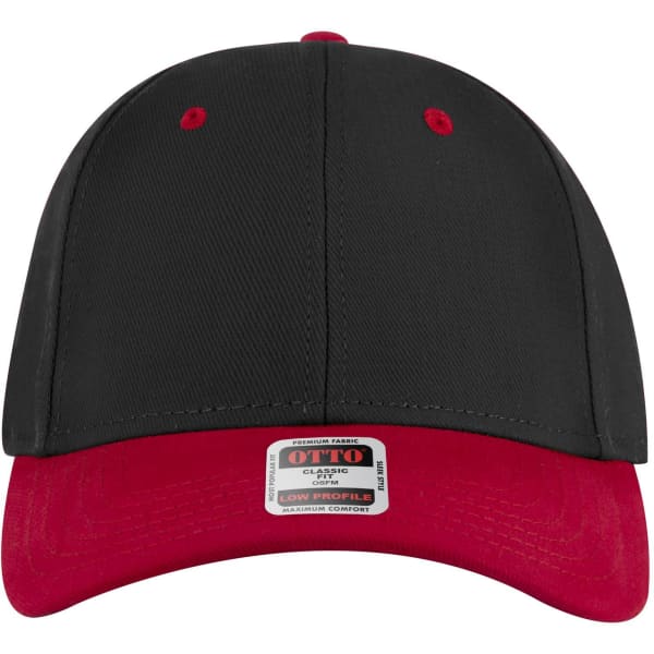A black low profile baseball cap with a red peak and eyelets, featuring a logo on the front.