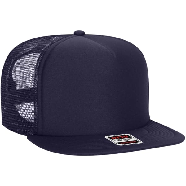 A navy blue 5 panel high crown trucker cap with a mesh back and a logo tag.